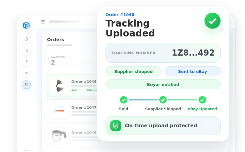 Dropship Calendar Auto Ordering dashboard showing order 1048 with tracking uploaded to eBay and buyer notified