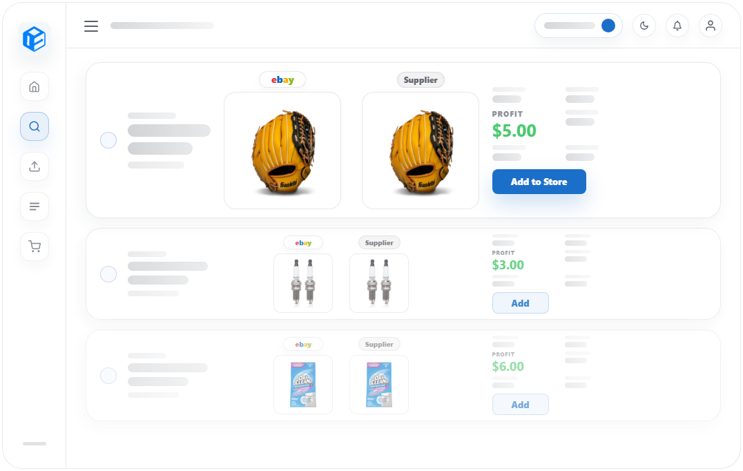 Dropship Calendar product discovery dashboard showing matched eBay and supplier products with profit and add-to-store action
