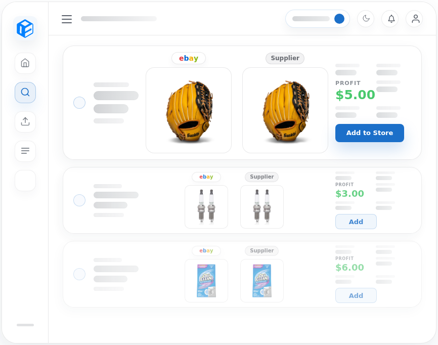 Dropship Calendar product discovery dashboard showing matched eBay and supplier products with profit and add-to-store action