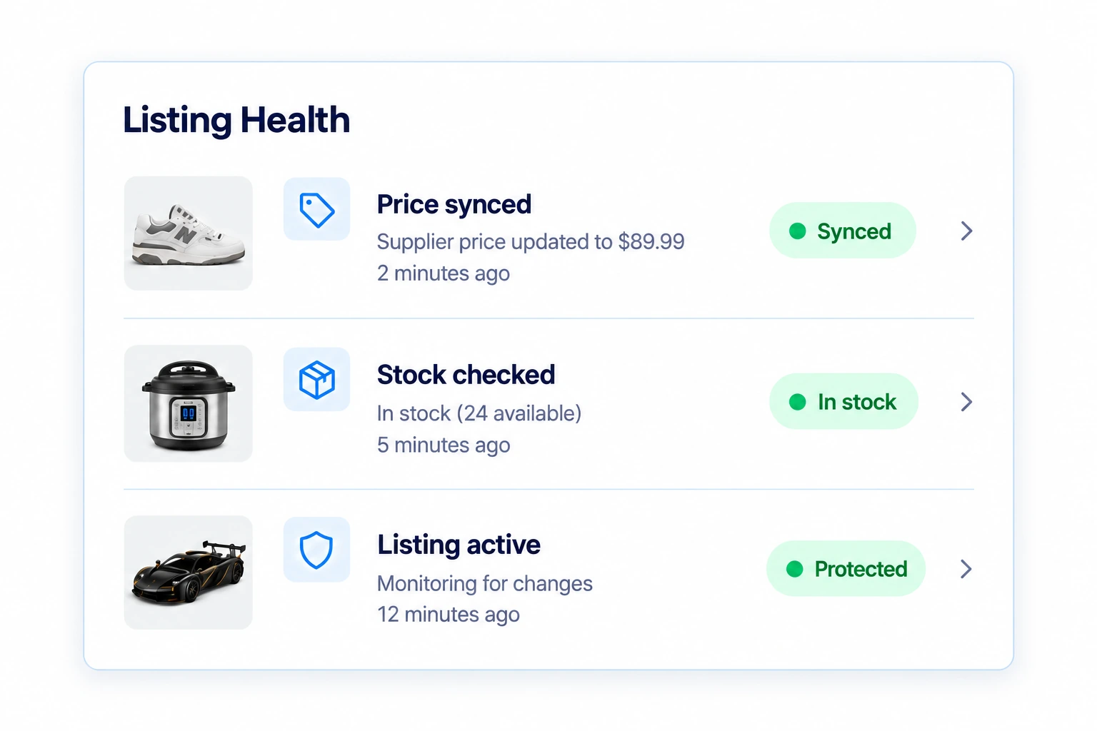 Listing Health example showing a synced supplier price, an in-stock product, and an active listing monitored for changes