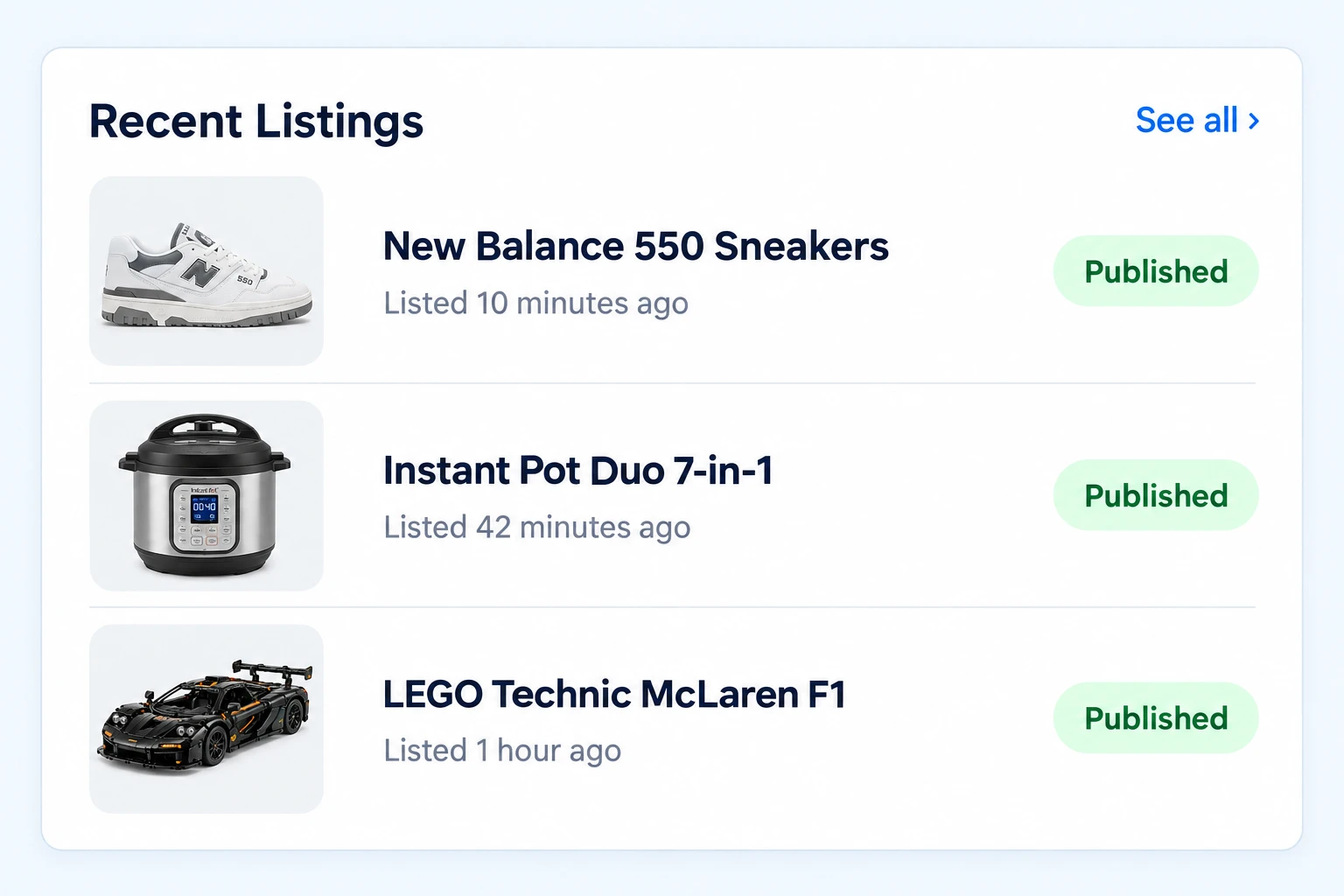 Recent Listings example showing three products published to eBay and their listing times